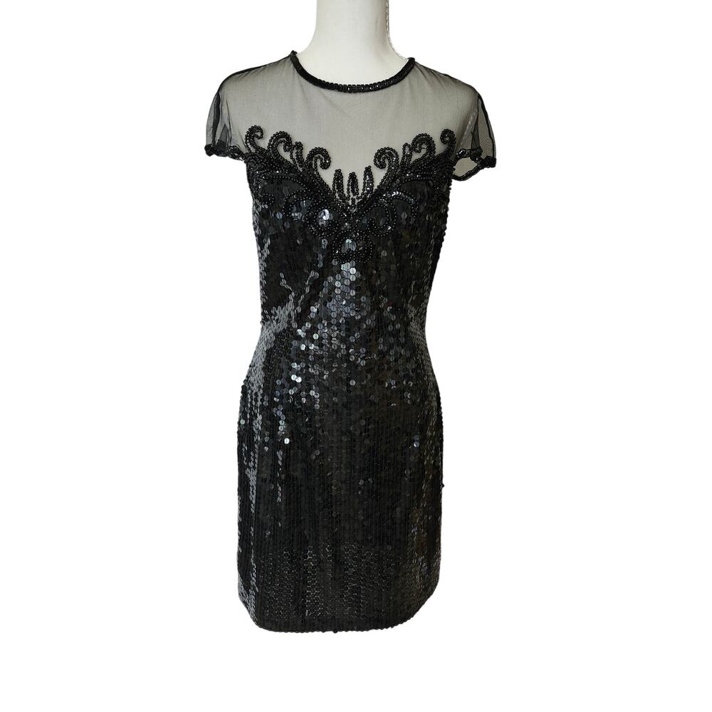 Vintage Niteline Black Sequin Mini Dress 80s 90s Glam Party Club Evening Size 6